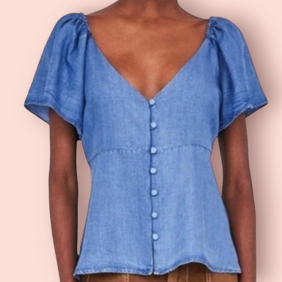 Zara Chambray Denim Flutter Sleeve Button Up V-Neck  Blouse, Size XL - Picture 1 of 6